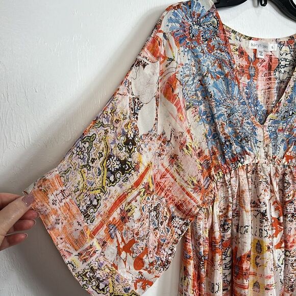 Karyn Seo Carmen Boho Embroidered Printed Silk Blend Dress Size L - Picture 4 of 11